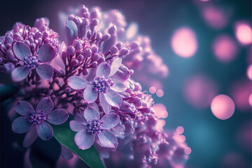 Fototapeta na wymiar Beautiful Lilac flowers with drops of water, Light leaks bokeh Background. Copy space nature background concept