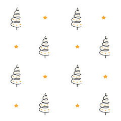 Christmas tree with decoration, stars. New year elegant decor. Winter holiday. Greeting card design. Vector line art, doodle illustration.