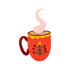 Holiday cup with hot drink and steam. Cute ceramic tableware with Christmas tree.