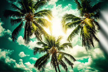 Plakat Vertical tropical coconut green palm tree backdrop, white clouds during the summer. Generative AI
