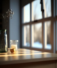 Fototapeta premium This is an illustration of a quaint table with a large window in the front. The table is set for the upcoming Christmas season