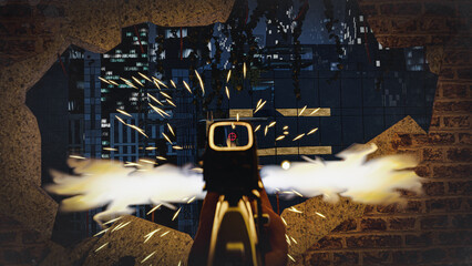 First-person shooter war game screenshot concept - man running with an AK-47 rifle with a collimator scope. Shooting to another player. Big city map a night