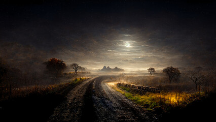 Naklejka na ściany i meble Landscape of countryside road in dark night. 3D illustration.