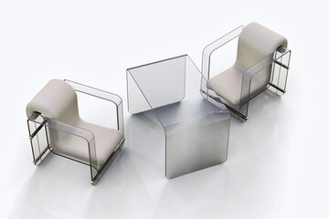 Glass furniture set. Two chairs and a table. 3D Rendering.