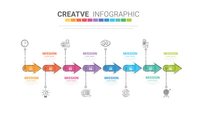 Timeline Infographics Template with 8 label, Vector. can be used for workflow layout, diagram, number step up options.