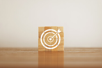 Woods block square with target, business strategy, Action plan, Goal and target icon. Success business development with copy space.