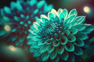 Beautiful Dahlia turquoise green teal flower, blurred background. Abstract nature background concept,copy space