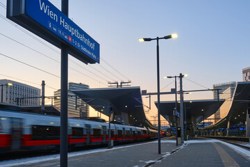 Vienna central railway station Hauptbahnhof, at evening with train platforms. Wien, Austria,...