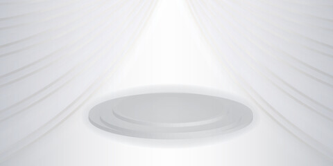 Abstract shining silver cylindrical pedestal podium. Sci-fi white empty space concept with glowing neon circles on gray white background curtain and podium pattern