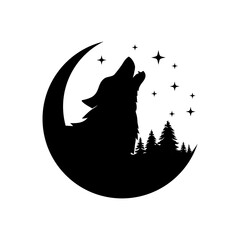 Wolf and moon crescent black vector design