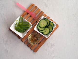 Natural cosmetics herbal skin care products with cucumber and aloe vera.