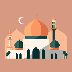 Flat style Muslim mosque isolated on white background.Vector illustration cartoon design.Beautiful muslim temple icon illustration.Eid Mubarak greetings.Ramadan Kareem.