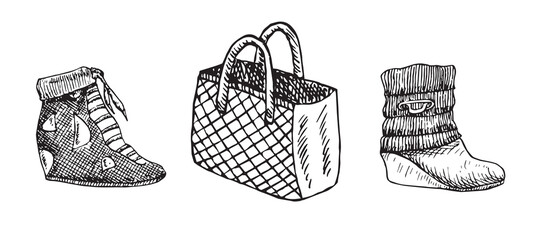 Wedge Sneakers Boots, Checkered tote type of bag, Knitted Wedge, isolated hand drawn outline doodle, sketch, black and white illustration with inscription - 554667810
