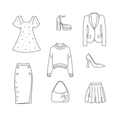 Fototapeta premium set of clothes doodle, for clothing store, poster design, pattern for banner with black lines on white
