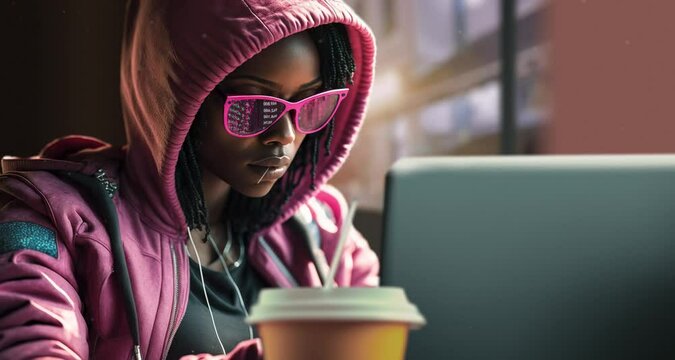 Realistic 3d render illustration. A female hacker works on her laptop in a coffee shop. Hight definition rendering character. Travelling on geek girl. Motion timelapse focus on a woman's coding.