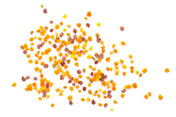 Bee pollen grains isolated on white background, top view. Pile of bee pollen isolated on white background, top view. Multicolored bee pollen isolated on white background, top view.