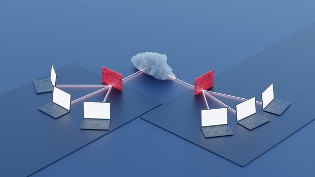 3d rendering, network diagram of connections between locations, diagram of vpn networks connecting computers from different locations, connection of company headquarters