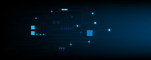 Blue circuit electronic or electrical line with circle glow light engineering technology concept vector background