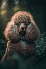 Poodle portrait in nature. Concept of animal life, care, health and pets. AI