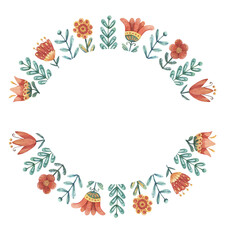 Hand drawn round watercolor composition isolated on white background. Wreath with red and yellow stylized flowers and leaves for postcards, invitations, decoration, printing, etc.