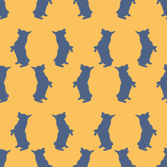 Pembroke welsh corgi puppy is standing on his hind legs. Seamless pattern. Dog silhouette. Endless texture. Design for wallpaper, fabric, template.