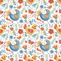 Hand-drawn seamless watercolor pattern with yellow and blue birds, flowers, twigs, butterflies and berries. Bright colorful background on white for fabrics, wrapping paper, design, etc.