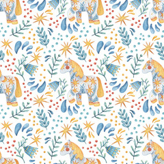 Horses, bluebells, stars and twigs seamless watercolor pattern. Cartoon yellow and blue background on white for fabrics, wrapping paper, design, etc.