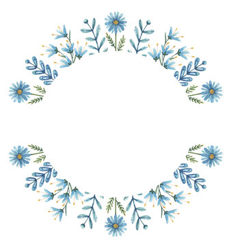 Hand drawn round watercolor composition isolated on white background. Wreath with blue stylized flowers and leaves for postcards, invitations, design, printing, etc. © Zinziber