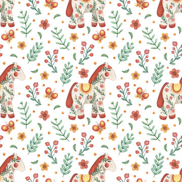 Hand-drawn seamless watercolor pattern with horses, berries, butterflies, flowers and twigs. Bright red-yellow background on white for fabrics, wrapping paper, design, etc.