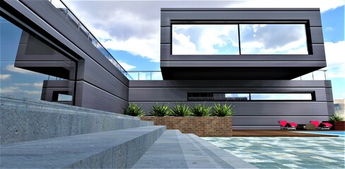 The concrete steps of stairs from exit to courtyard paved with gray stone slabs. 3d rendering.