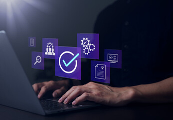 Businessman working with checkbox icon of guarantee. certification of standard of company product,...