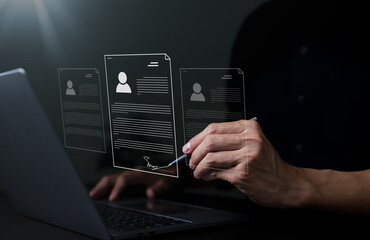 Online business contract Electronic signature concept. e-signing, a document management Paperless workplace, businessman signs an electronic document on virtual computer screen using a pen.