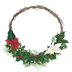 Willow Wreath holly Christmas, Poinsettia, Mistletoe isolated on white. Watercolor hand drawn frame. Illustration design