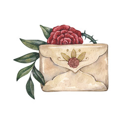 Watercolor vintage illustration with envelope, red rose, thorn stem and green leaves. Isolated on white.
