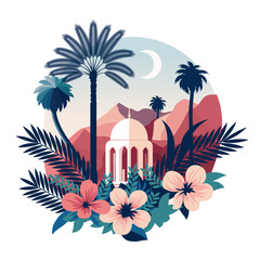 Flat style Muslim mosque in garden on white background.Vector illustration cartoon design.Beautiful muslim temple icon illustration.Eid Mubarak greetings.Ramadan Kareem.