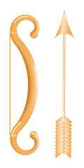 Weapon for shooting arrows, typically made of a curved piece of wood whose ends are joined by a taut string. Cartoon bow with arrow isolated on white background.Vector.