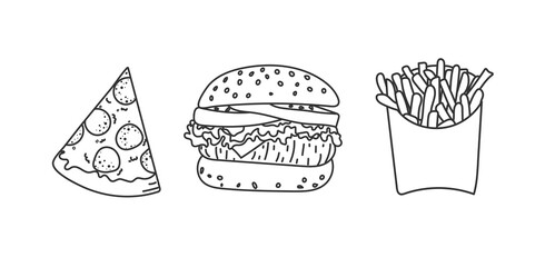 fast food set doodle with black lines. collection for food store, poster, banner