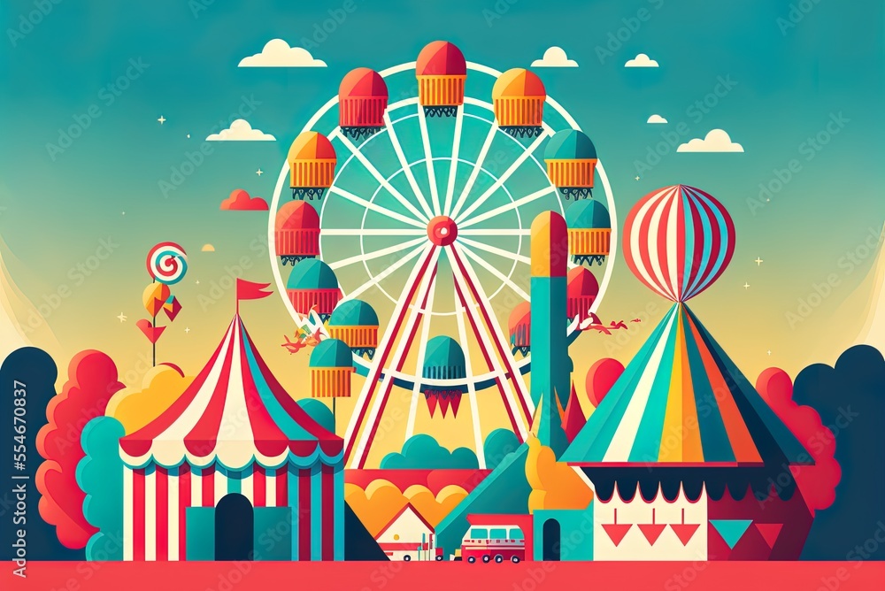 Poster a simple graphical image of colorful amusement park attractions. generative ai