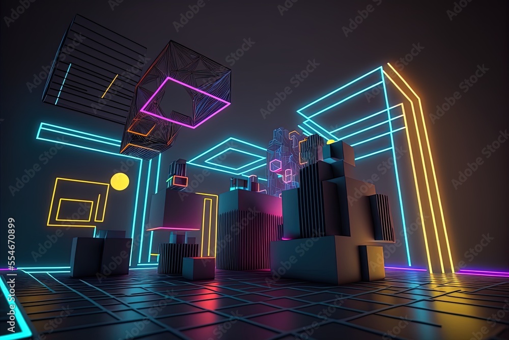 Aufkleber a 3d model of a future scene including geometric forms and neon lights. generative ai