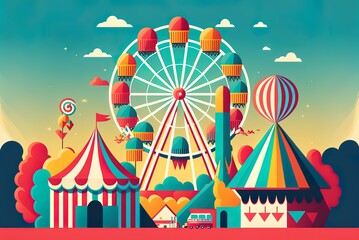 a simple graphical image of colorful amusement park attractions. Generative AI