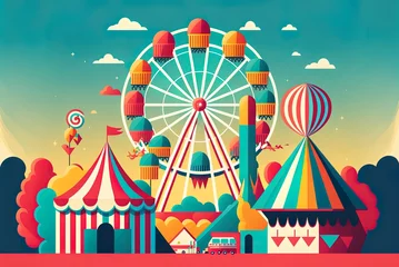 Velvet curtains Amusement parc a simple graphical image of colorful amusement park attractions. Generative AI