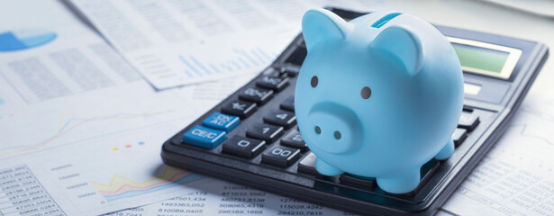 pig money box for money on background with calculator and financial charts. Investment and capital...