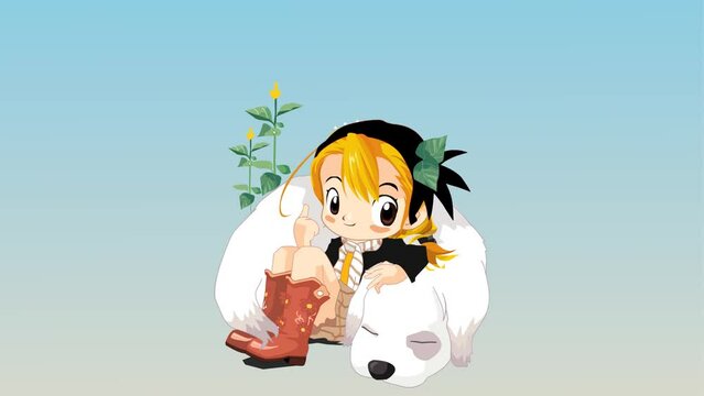 cute cartoon girl and sleeping dog background and 2d background