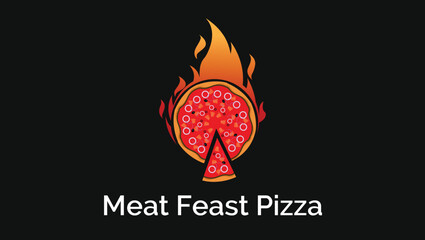 Delicious Meat Feast Pizza with Fire Traditional Asian Food Vector Illustration Logo Design Template
