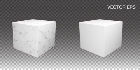 White marble podium with no background. Isolated 3d render of stone stage in vector. Black base for museum or gallery advertising design. Mockup template with stand object