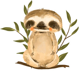 Cute sloth with green leaves transparent png