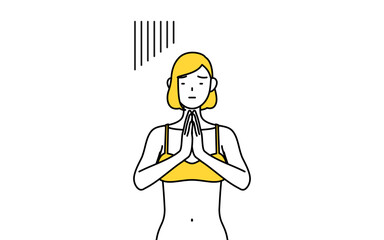 体の前で手を合わせて謝る下着姿の女性、脱毛やエステサロンのイメージ