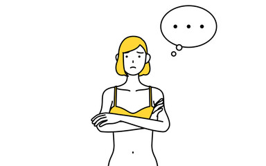 腕を組んで考える下着姿の女性、脱毛やエステサロンのイメージ