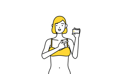 クレジット決済を勧める下着姿の女性、脱毛やエステサロンのイメージ