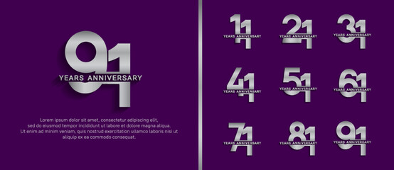 set of anniversary logo style silver color on purple background for celebration